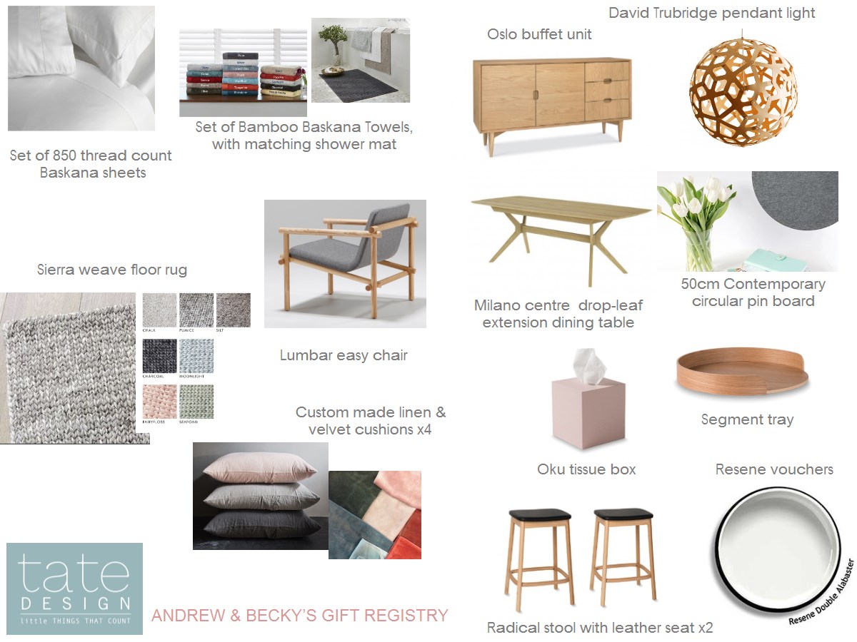 tate design interior designer wellington wedding gift registry